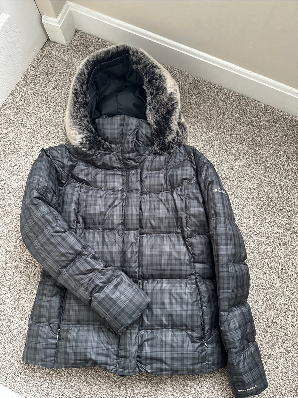 Columbia Plaid Hooded Puffer Jacket with Faux Fur Trim